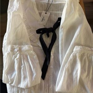 Women's White Button-Front Blouse with Black Neck Tie